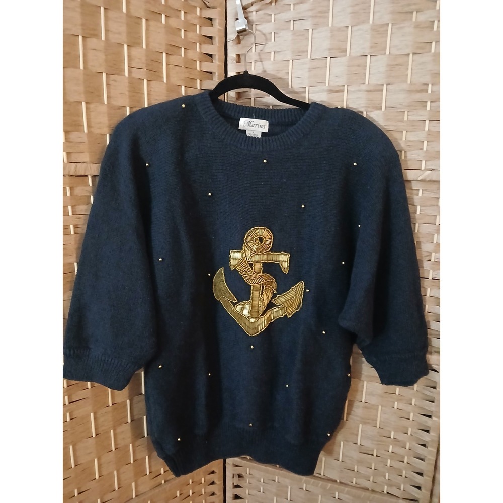 Vintage Marina Women's Gold Beaded Anchor Navy Knit Sweater Sz L Nautical